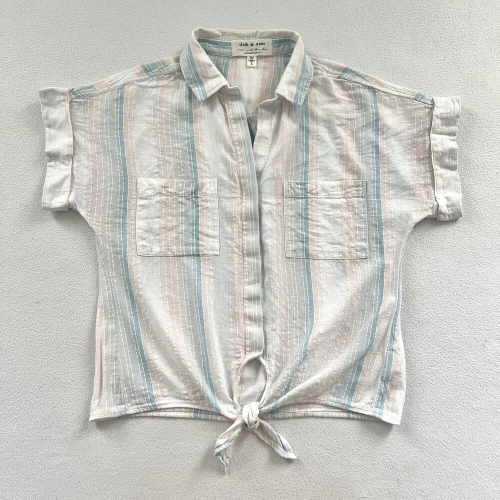 Cloth & Stone Anthropologie Pink Blue Liya Stripe Tie Button Short Sleeve Top S